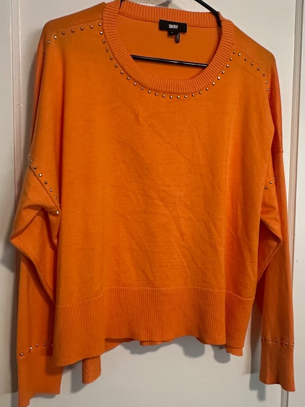 DKNY Studded Crewneck Pullover Sweater – Bright Orange/Blossom, Size M